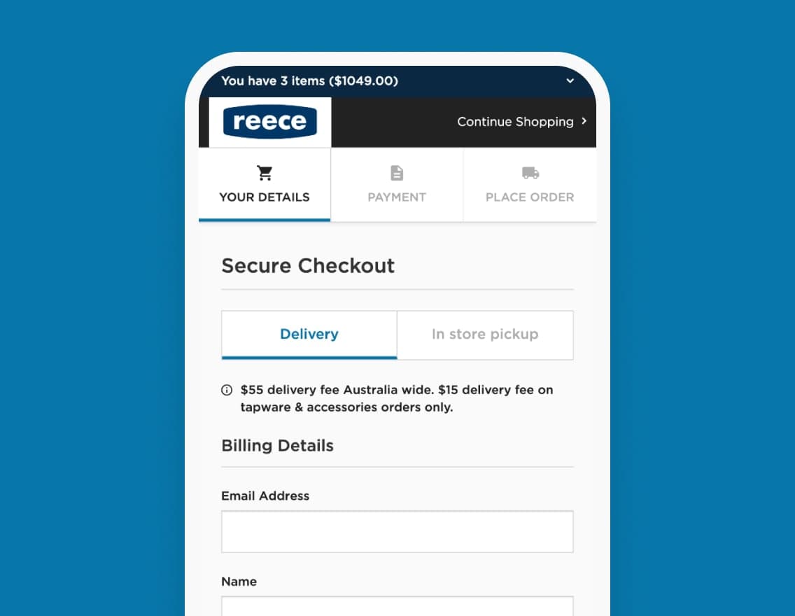 Phone showing the Reece checkout page