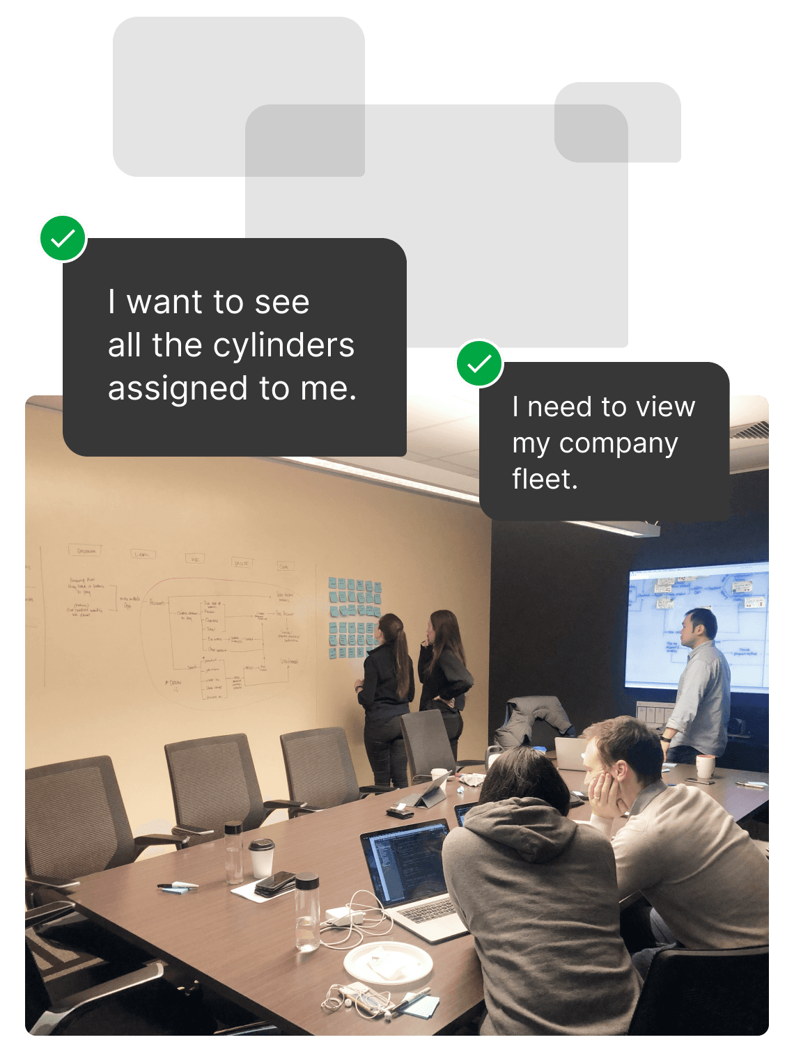 People in a room brainstorming, two speech bubbles with user input: "I want to see all the cylinders assigned to me" and "I need to view my company fleet"