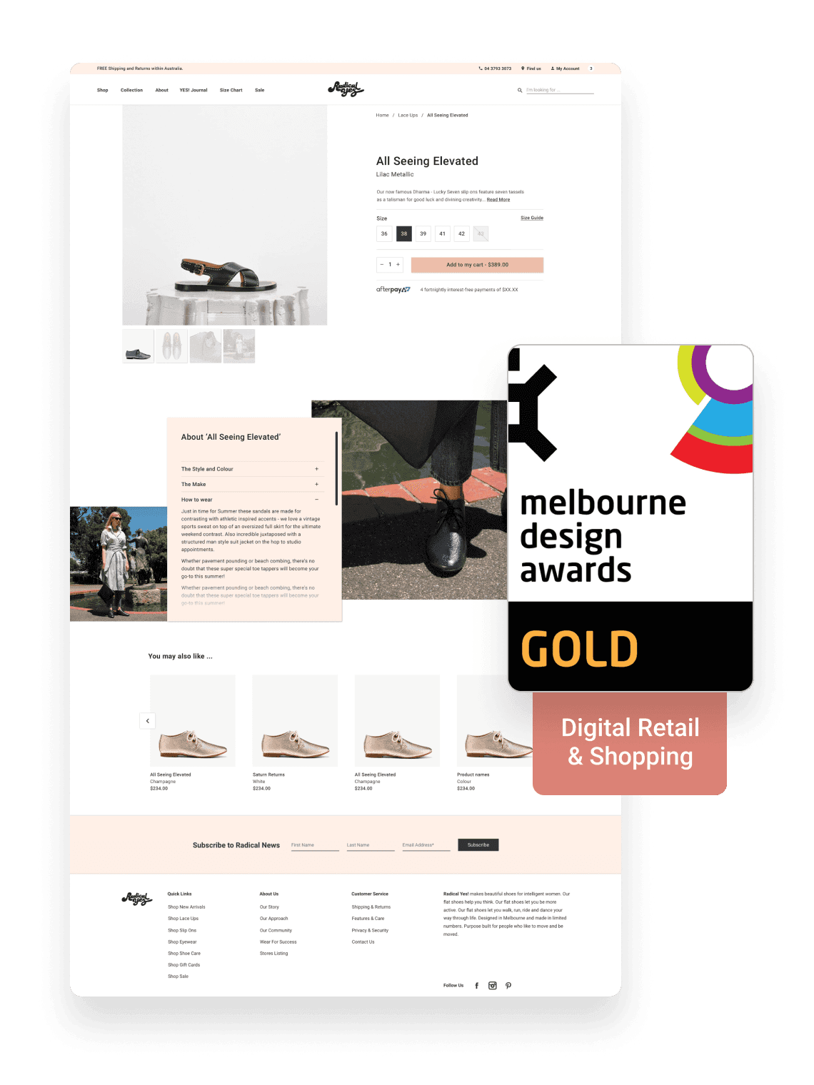 Website screen and Melbourne design awards gold logo