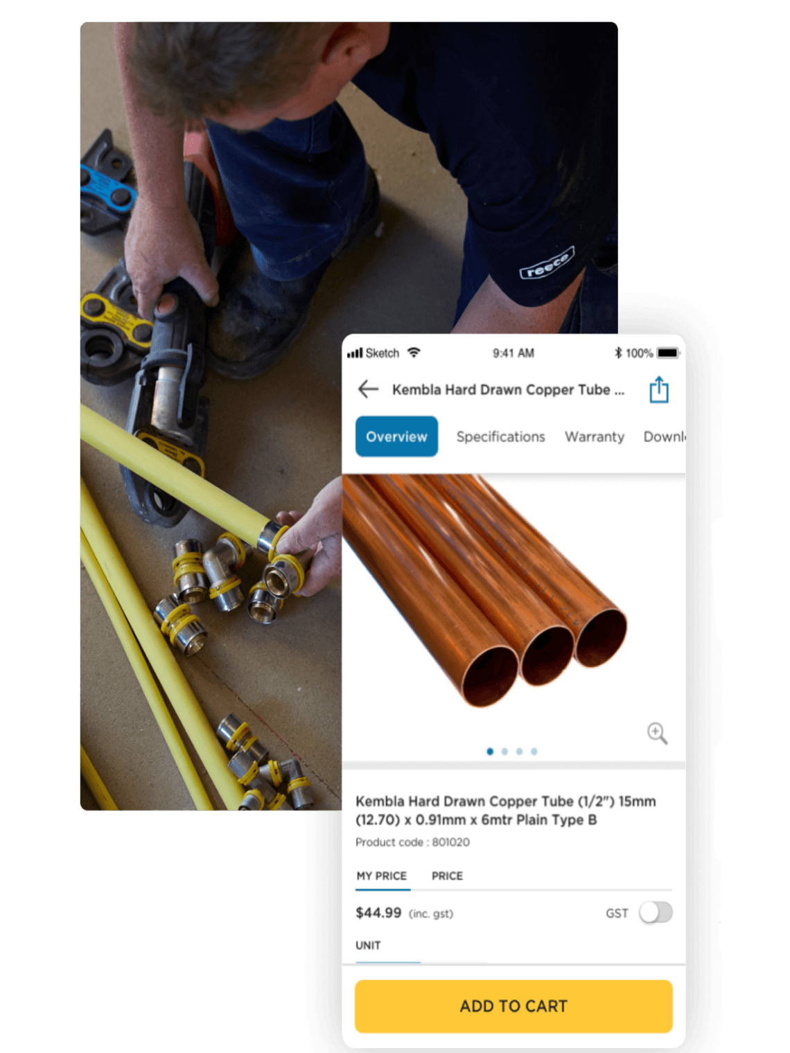 Product display page and image of man cutting pipes