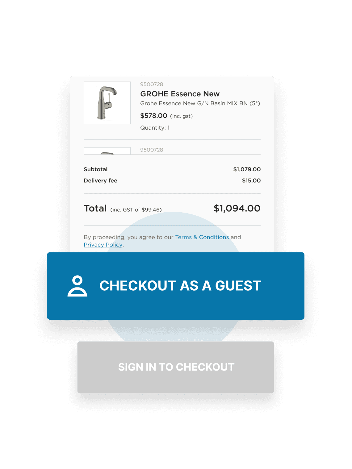 Two buttons with one being highlighted labelled "checkout as guest"