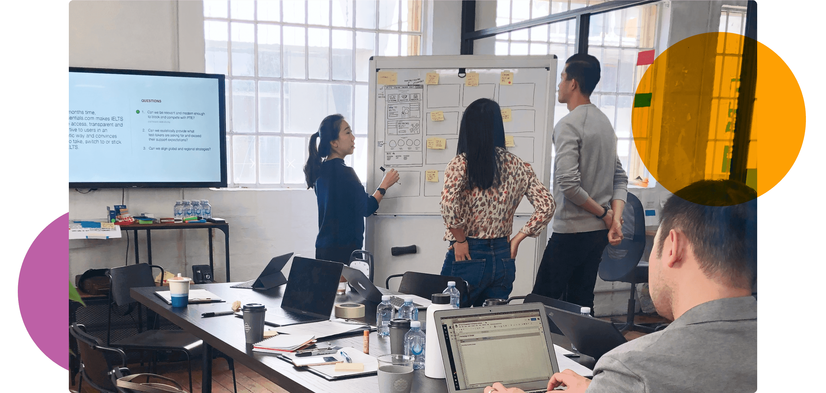 Group of people brainstorming at a whiteboard