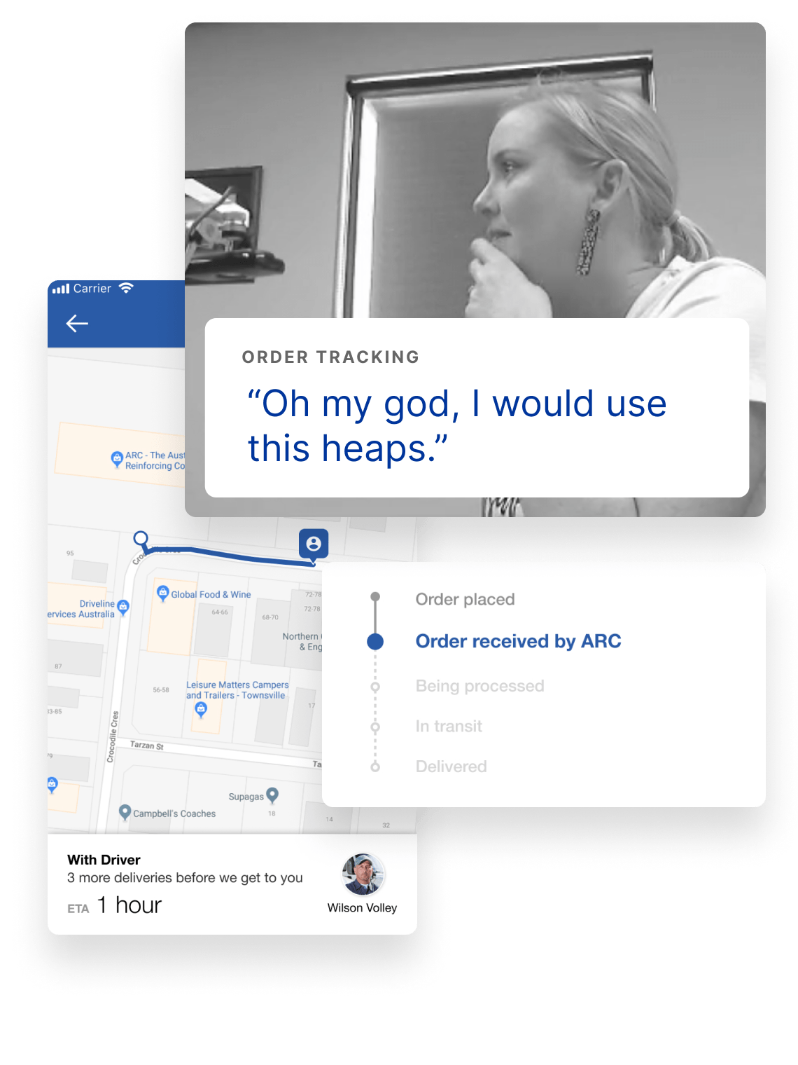 App screen and image of woman with a quote caption: "Oh my god, I would use this heaps."