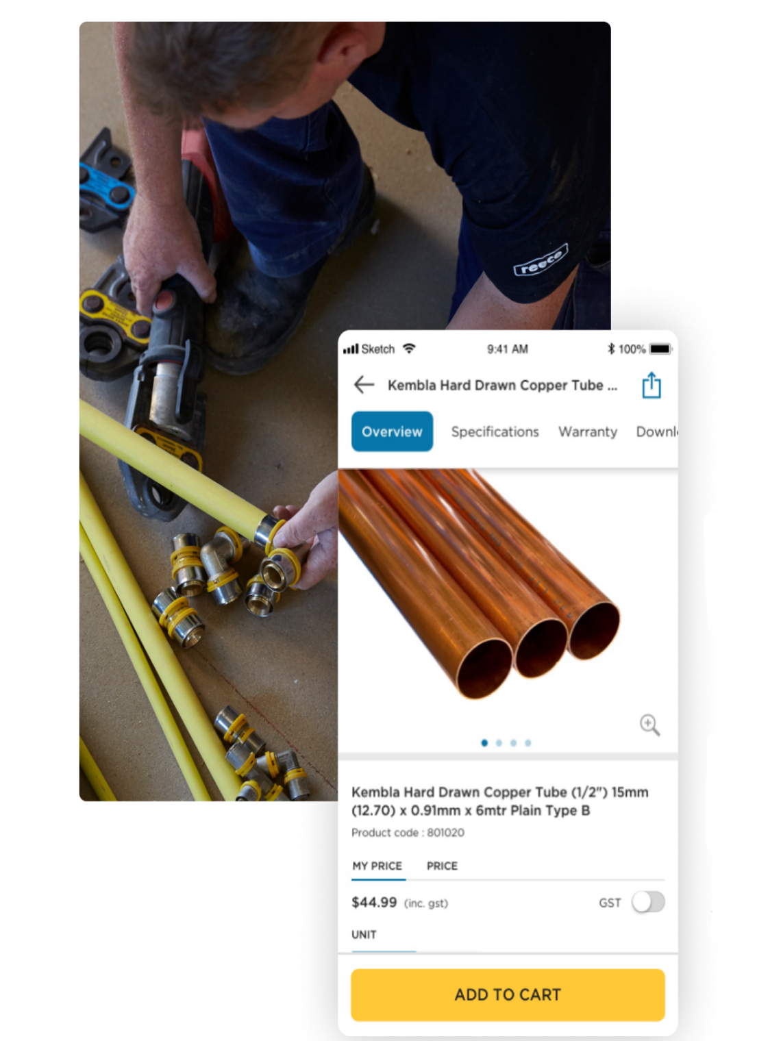 Product display page and image of man cutting pipes