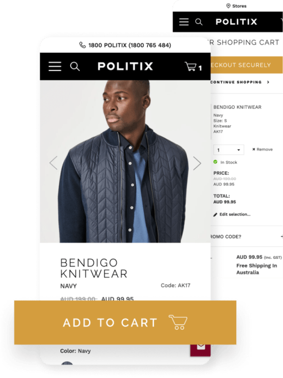 user interface screens showing a product page and add to cart button